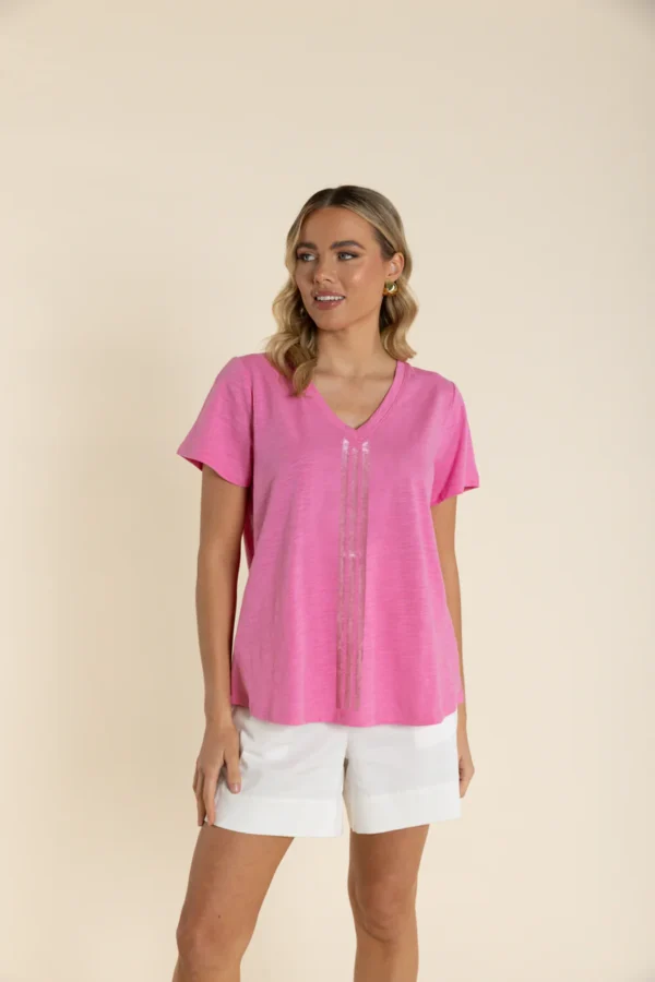 Two T's Vertical Stripe Sequin T Shirt French Pink 2945