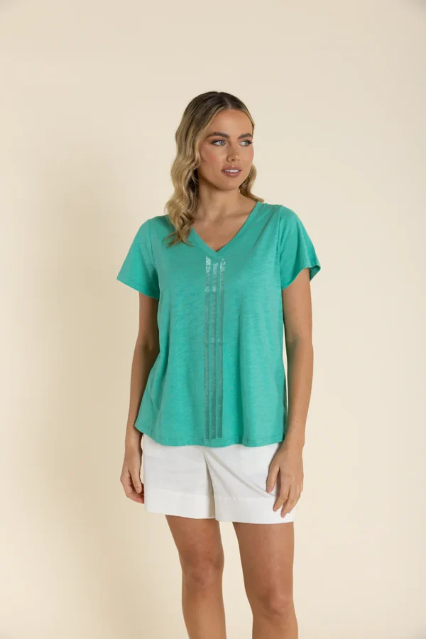 Two T's Vertical Stripe Sequin T-Shirt Seafoam 2945