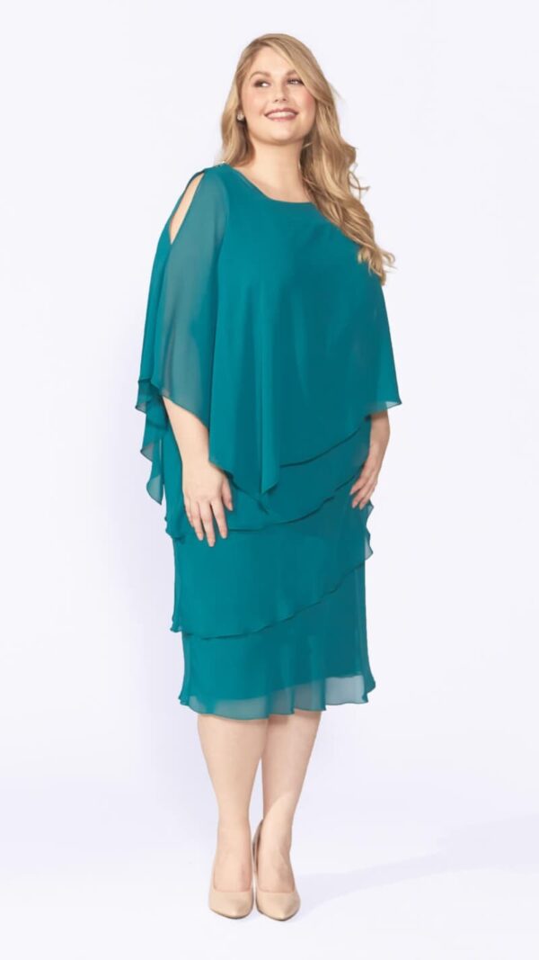 Layla Jones Chiffon layered knee length dress with overlay and split sleeve detail Sapphire