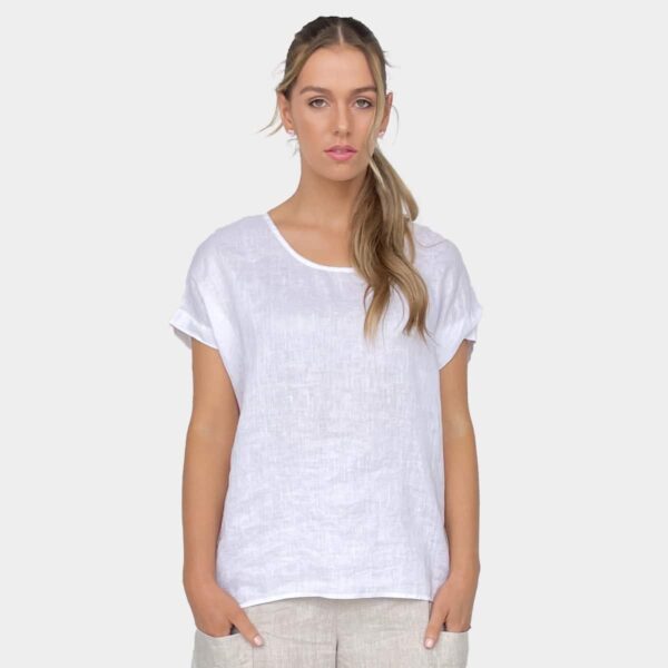 AMYIC 100% LINEN TOP WITH BUTTON BACK - WHITE