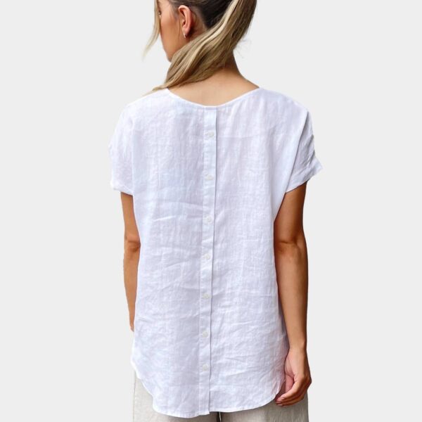 AMYIC 100% LINEN TOP WITH BUTTON BACK - WHITE - Image 3