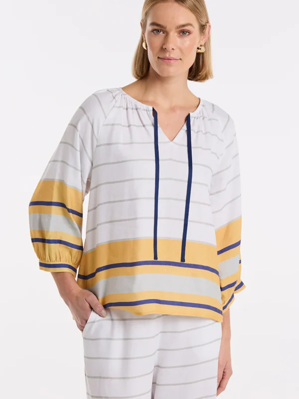 YTMS54672 Multi Stripe gathered Sleeve top in Linen Viscose