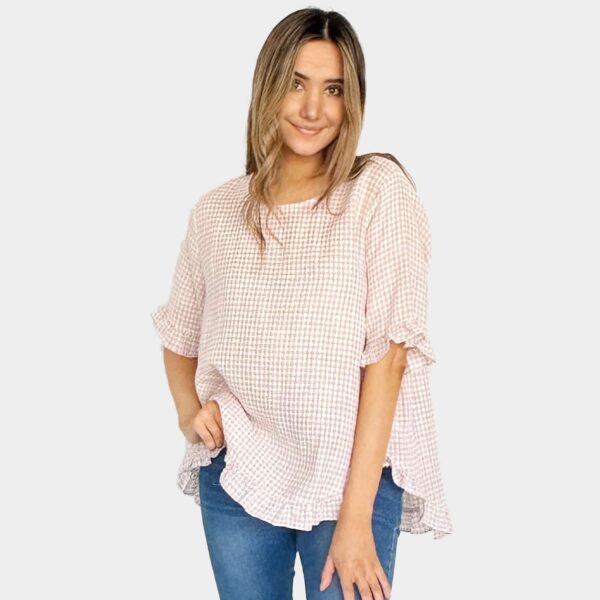 Amyic 100% Linen Gingham Frill Sleeve
