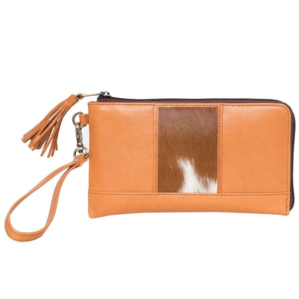Design Edge Dallas Hair on tan leather clutch