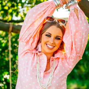 Hitchley & Harrow Pink Dotty Gathered Sleeve Shirt LC12-3