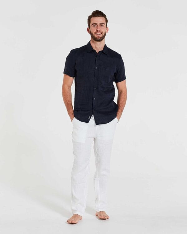 Mens Short Sleeve Linen Shirt Navy By Coast Clothing Co