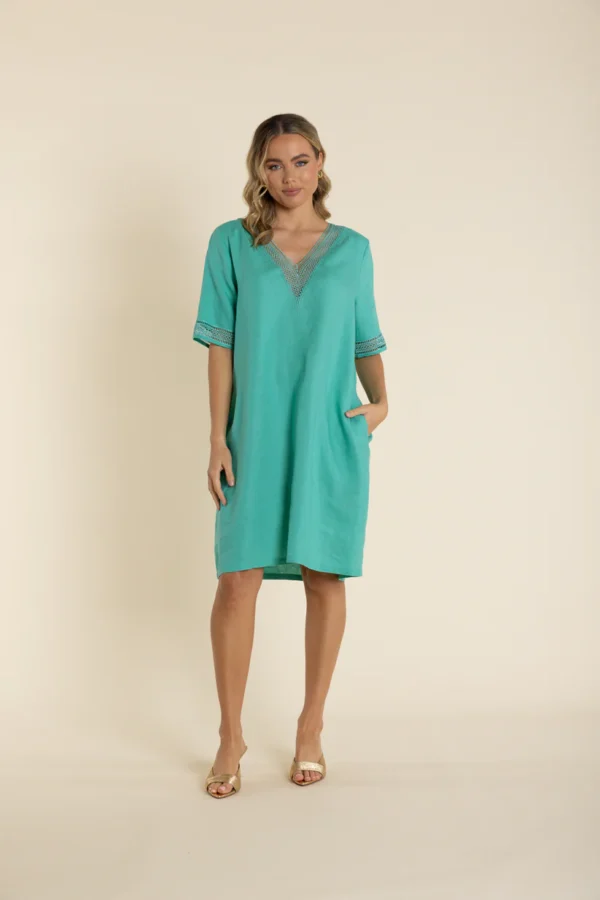 Two-T's Lace Trim V neck Seafoam Linen Dress 2936