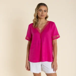 Two T's Lace Trim V Neck Top 2940Raspberry