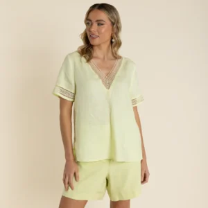 Two T's Lace Trim V Neck Top Light Citrus 2940