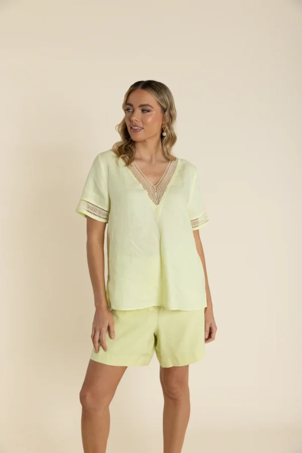 Two T's Lace Trim V Neck Top Light Citrus 2940