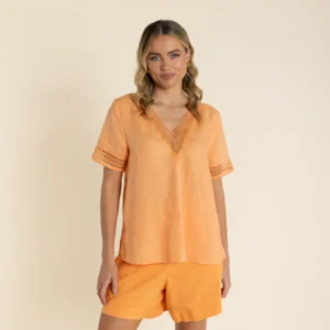 Two T's Lace Trim V Neck Top Pumpkin 2940