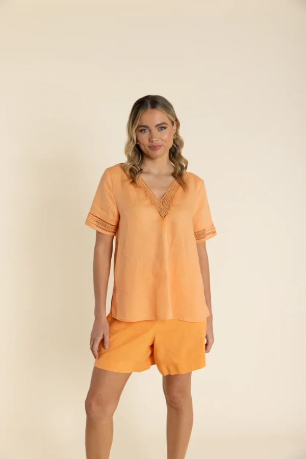 Two T's Lace Trim V Neck Top Pumpkin 2940