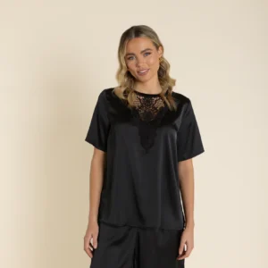 Two T's Satin Top with Lace Neck Detail Black 2923
