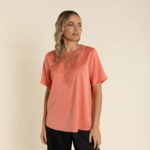 Two T's Satin Top with Lace Neck Detail Tangelo 2923