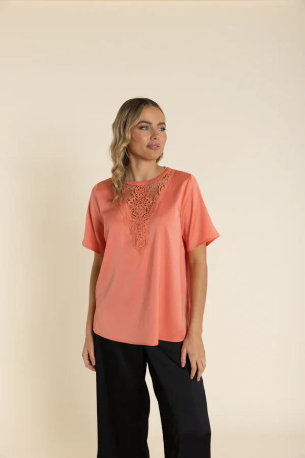 Two T's Satin Top with Lace Neck Detail Tangelo 2923