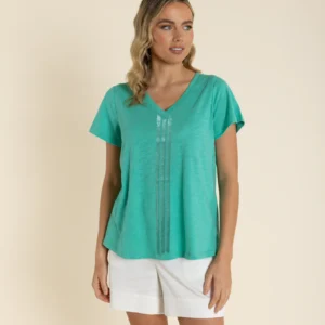 Two T's Vertical Stripe Sequin T-Shirt Seafoam 2945