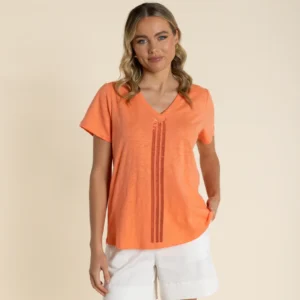 Two T's Vertical Stripe Sequin T Shirt Tangelo 2945