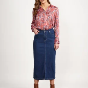 Vassalli 7056 Blue Denim - Mid Length Skirt with Centre Front Split