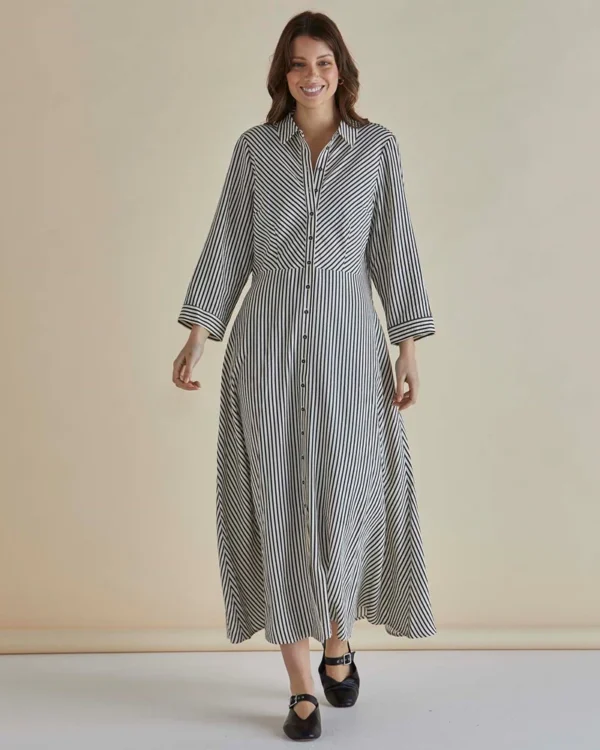 Betty Basics Crinkle Dress - Black/White Stripe