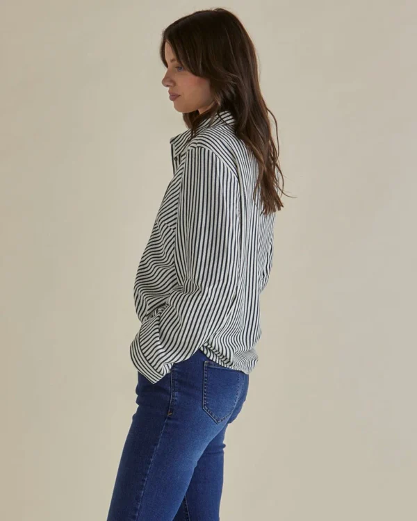 Betty Basics Crinkle Shirt - Black/White Stripe - Image 3