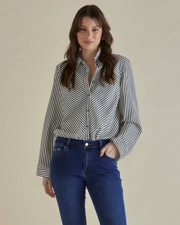 Betty Basics Crinkle Shirt - Black/White Stripe