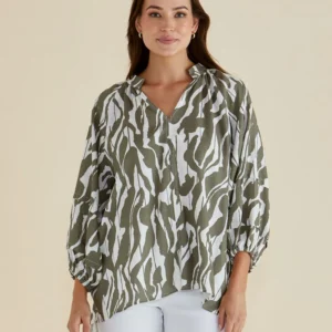 Betty Basics Olive Geometric Print Grazie Blouse Womens