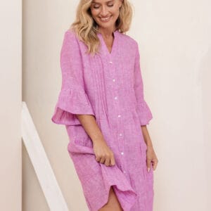 See Saw Linen/Visc 3/4 Sleeve Pleated Tiered Dress SS384 Raspberry