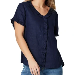 Gordan Smith Tiffany Ruffle Linen Shirt Navy G41077