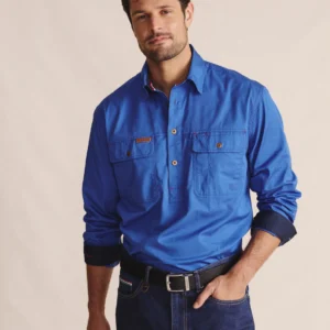 Kidman Brockmann Half Placket Work Shirt Mid Blue Mens