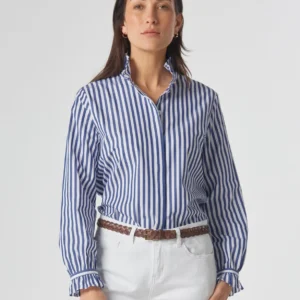Goondiwindi Frill Neck Cotton Poplin Shirt Blue Jasper/ White