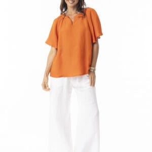Escape by HQ Linen Solid Top Chinese Collar wide sleeve Mandarin