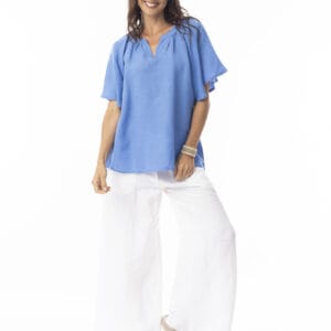 Escape HQ Linen Solid Top Chinese Collar Wide Sleeve Ibiza Blue