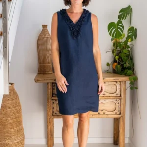 See Saw Linen Navy Dress Ruffle Neckline