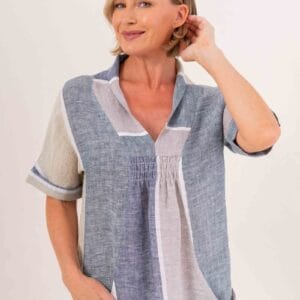 See Saw 100% Linen Shawl Collar 2 Pkt Dress Sage & Sea Stripe