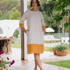 See Saw Linen Spliced Dress Natural/Marigold