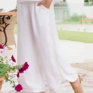 See Saw 100% Linen Rope Trim Wide Leg Pant White/Natural