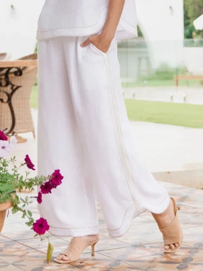 See Saw 100% Linen Rope Trim Wide Leg Pant White/Natural