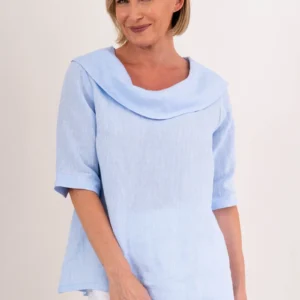 See Saw Linen Cowl Neck Button Back Top Sky Blue