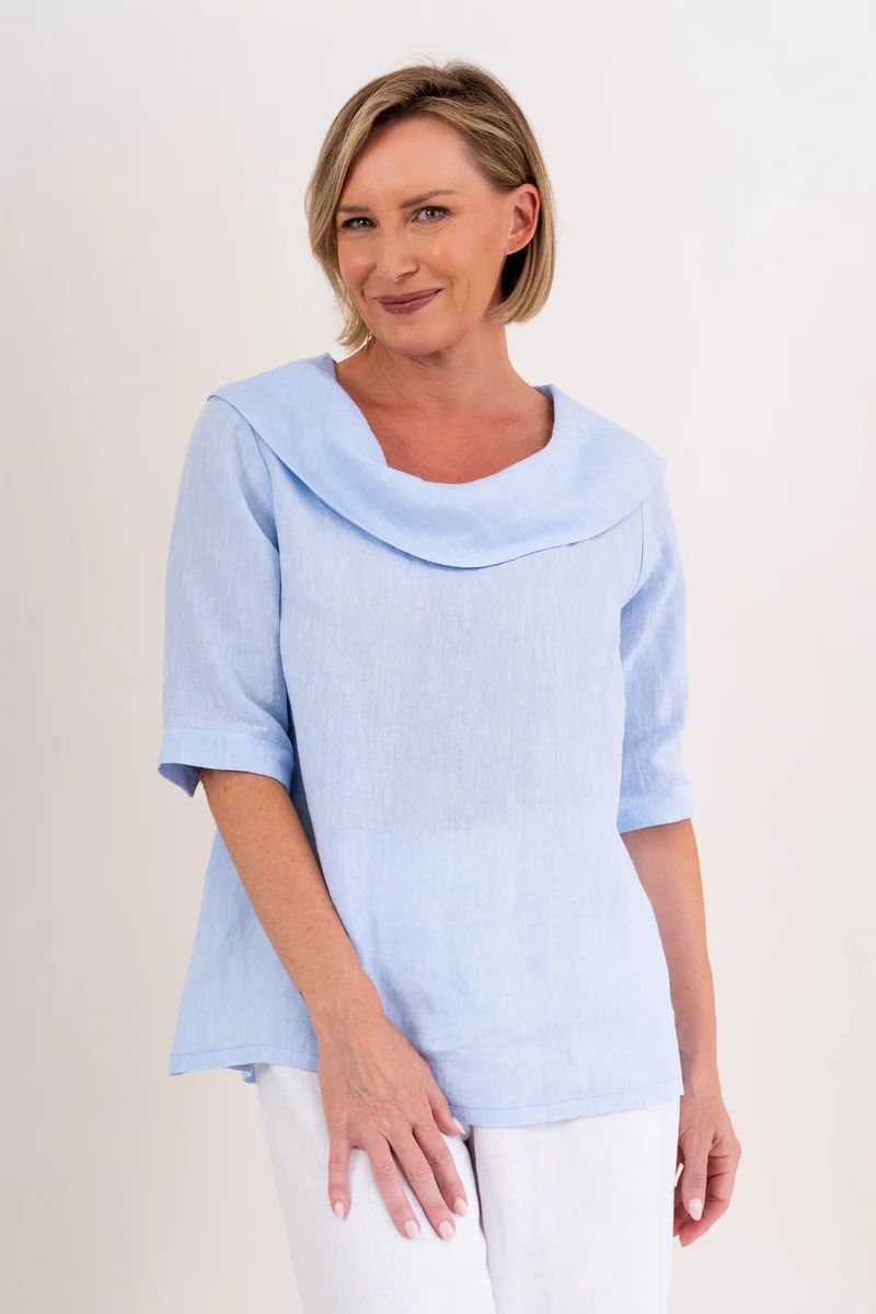 See Saw Linen Cowl Neck Button Back Top Sky Blue