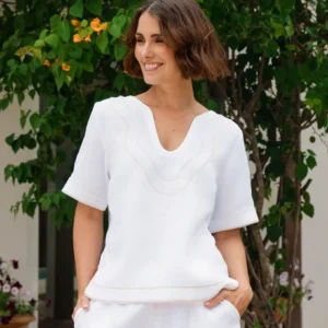 See Saw 100% Linen Rope Trim Scoop Neck top White/Natural