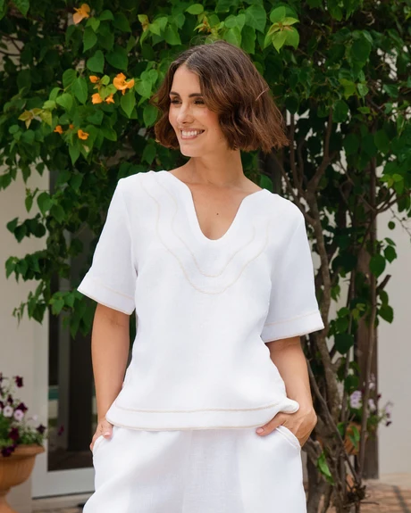 See Saw 100% Linen Rope Trim Scoop Neck top White/Natural